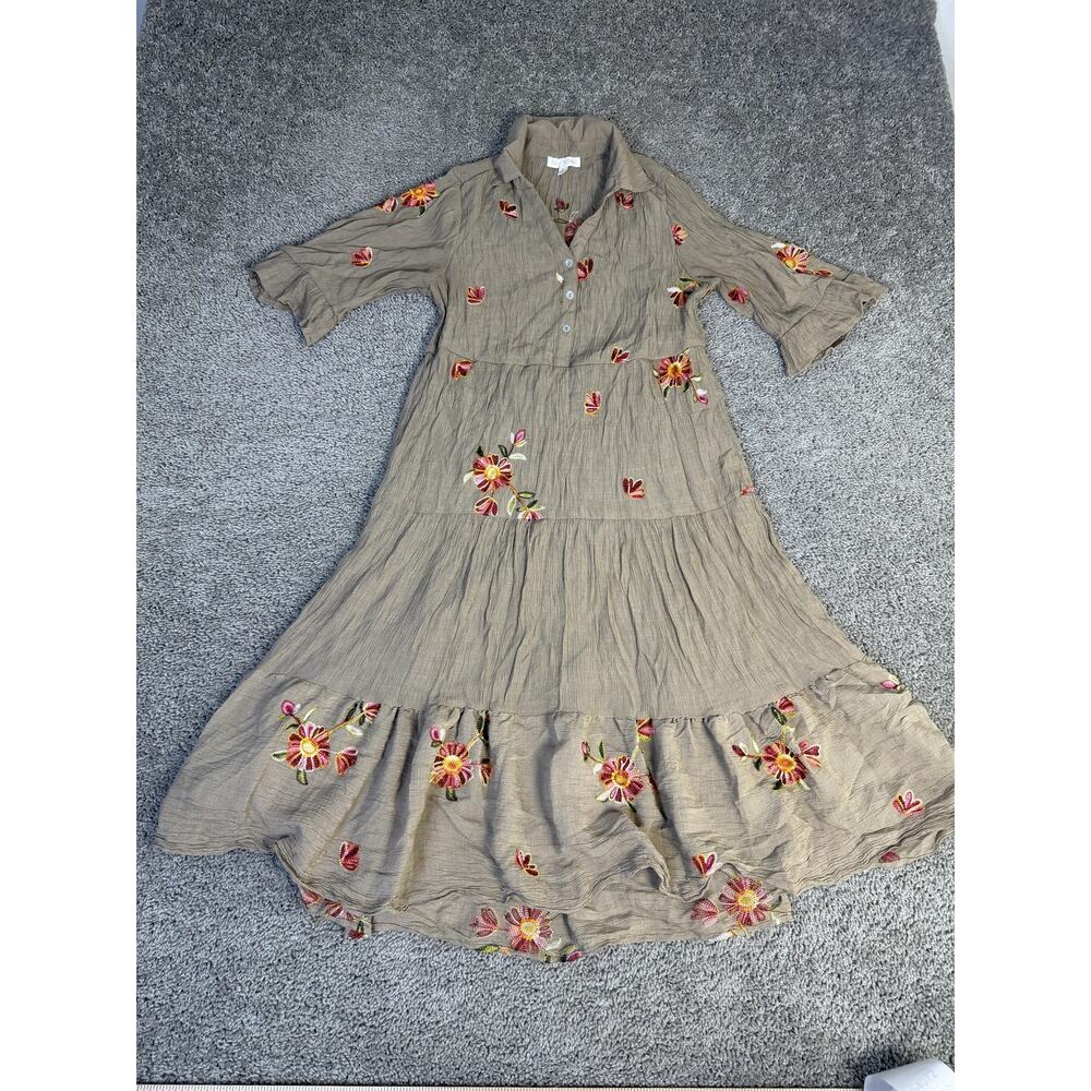 Athropologie FIG + FLOWER Dress Womens M Beige Embroidered Maxi 3/4 Bell Sleeven